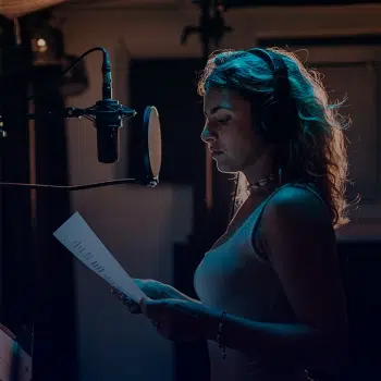 Persona con auriculares grandes frente a un micrófono, preparándose para grabar voz en estudio para el curso de doblaje