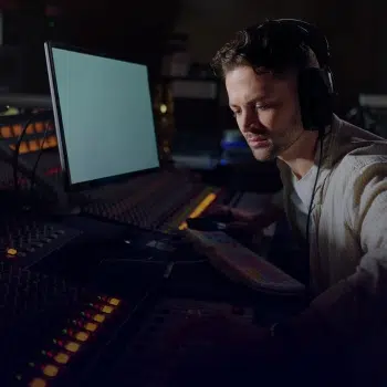 técnico con cascos frente a una mesa de sonido