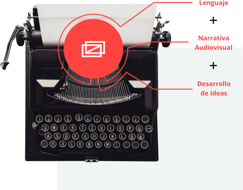 máquina de escribir negra con texto informativo sobre el curso de guion audiovisual