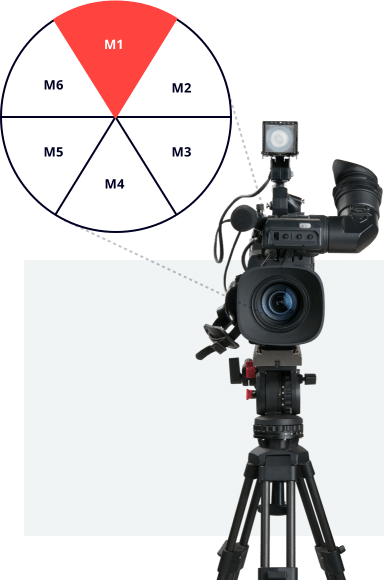 Imagen de una cámara sobre un trípode y elementos gráficos que la acompañan