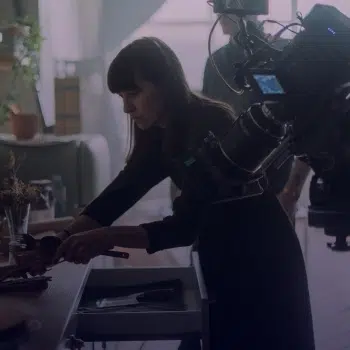 Cámara profesional grabando a una persona en una cocina
