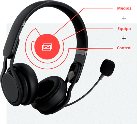 Cascos con micrófono integrado que conectan con texto informativo sobre el Curso de Realización Audiovisual en el que pone: "medios", "equipo" y "control"