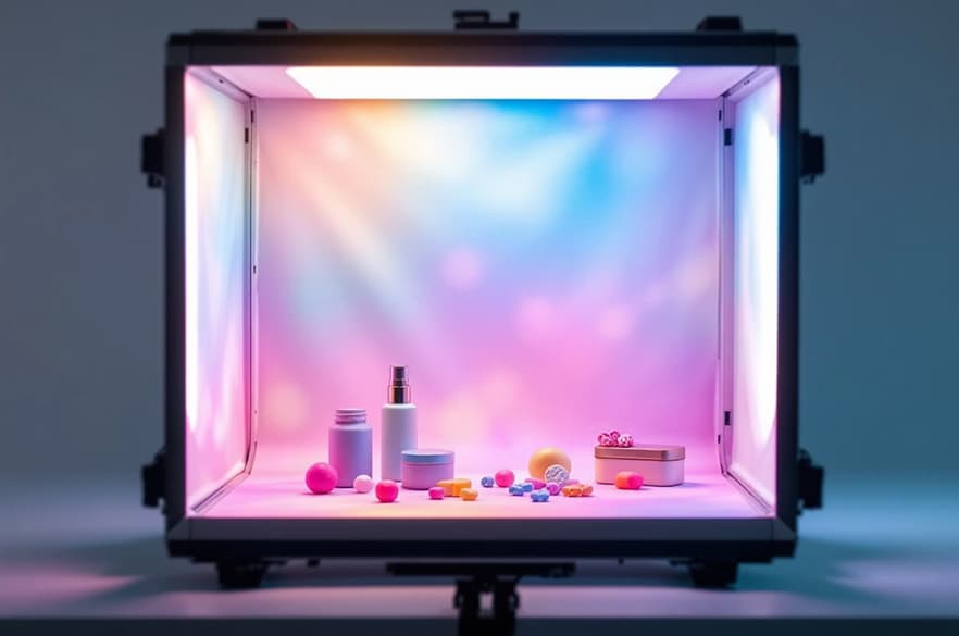 Cosm&eacute;ticos dentro de una caja de luz para fotograf&iacute;a