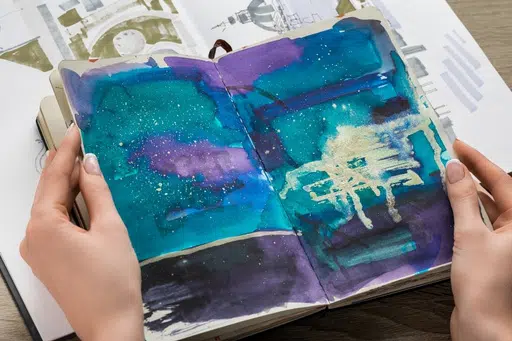 Ejemplo de un sketchbook de experimentación, con un dibujo abstracto en tonos azules, violetas, negros y amarillos
