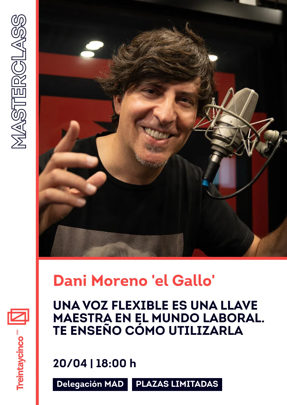 Cartel promocional de una masterclass con la foto de un hombre con micrófono mirando sonriente a cámara