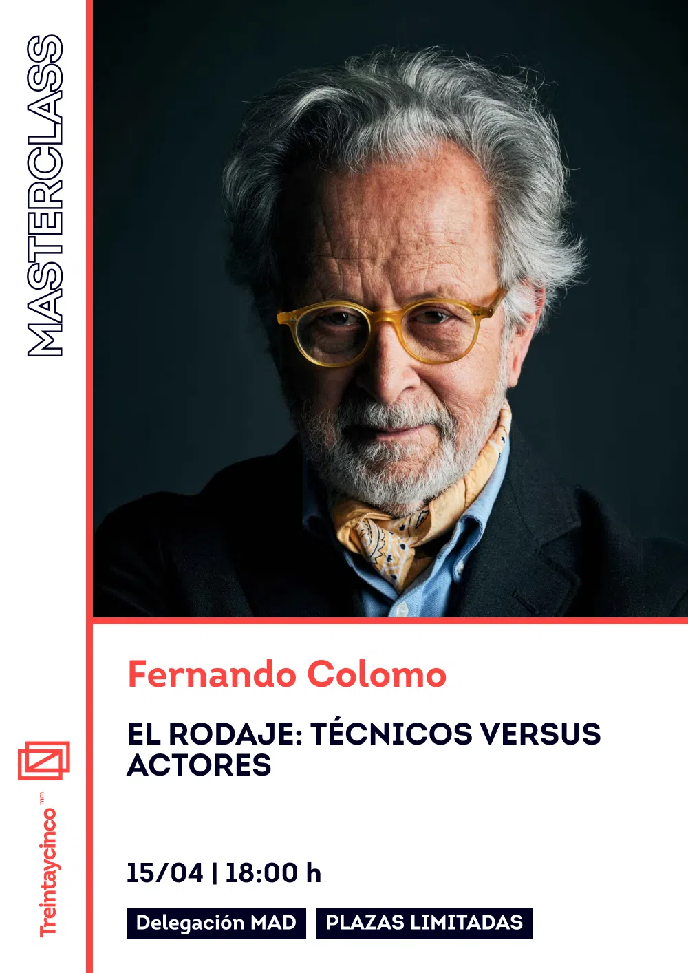 Texto informativo sobre una masterclass de rodaje con foto de un hombre de pelo canoso con gafas mirando a cámara