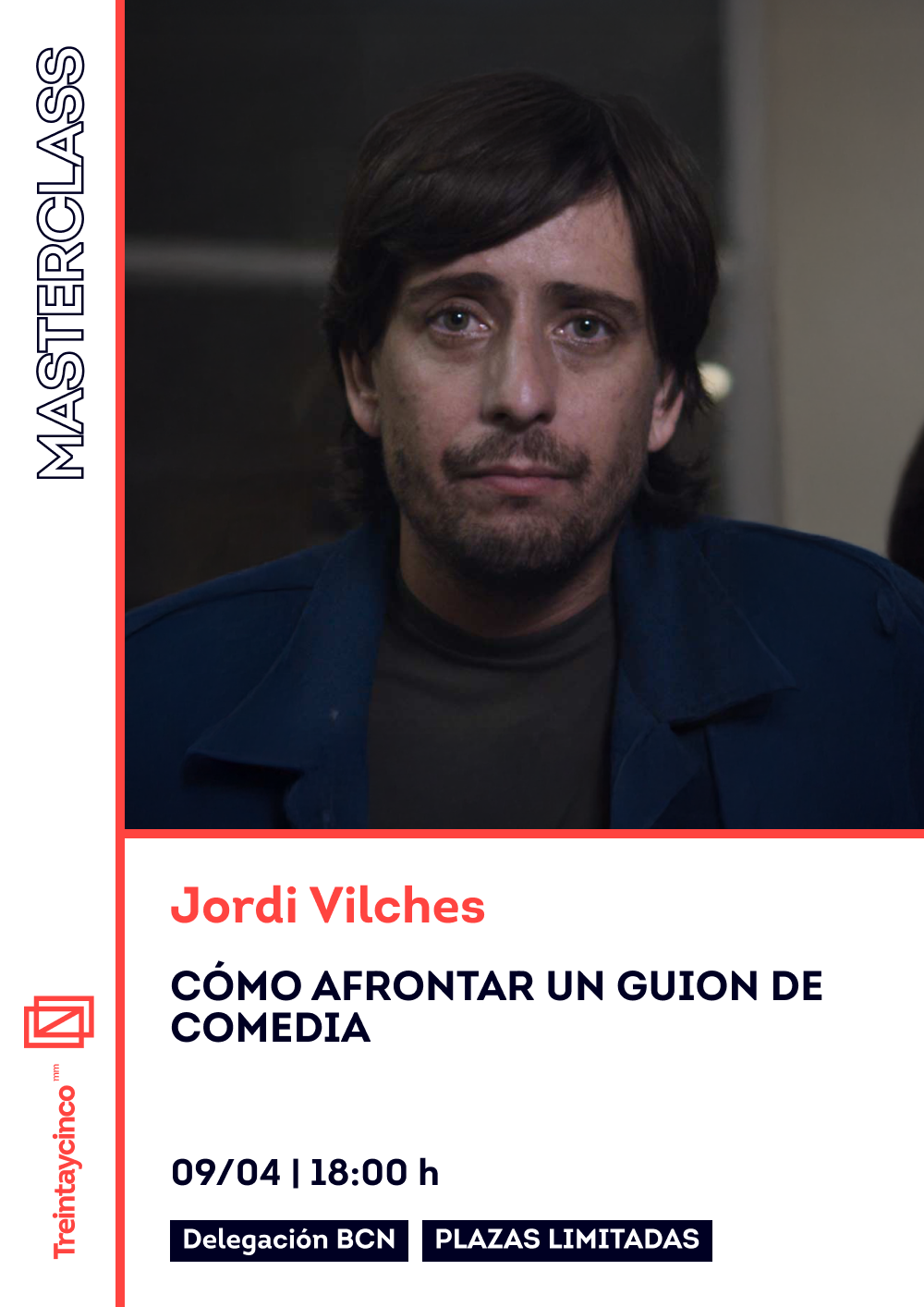 Imagen de un hombre en un set de rodaje mirando a cámara y texto promocional de una masterclass