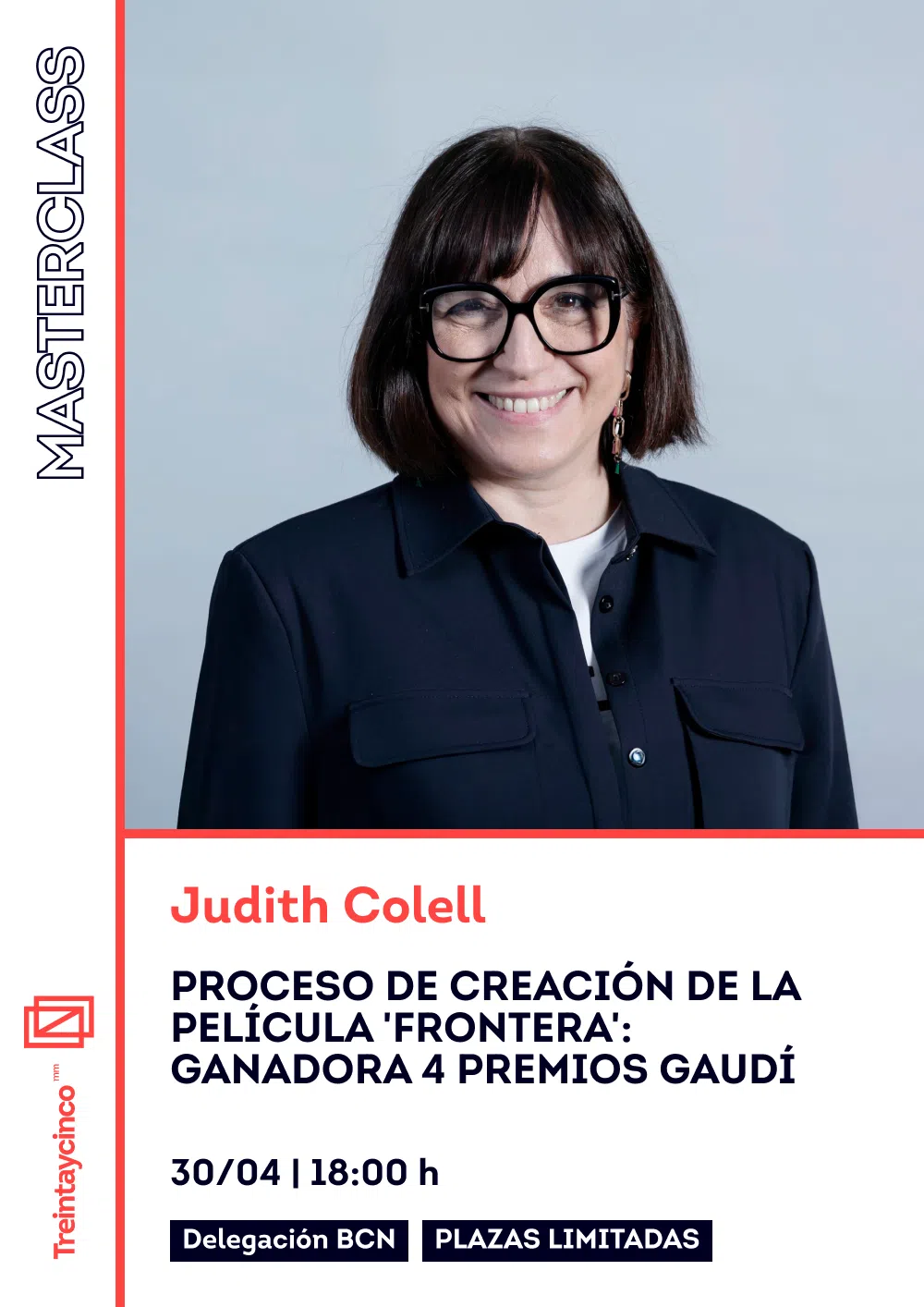 Información sobre masterclass y foto de mujer con gafas mirando a cámara