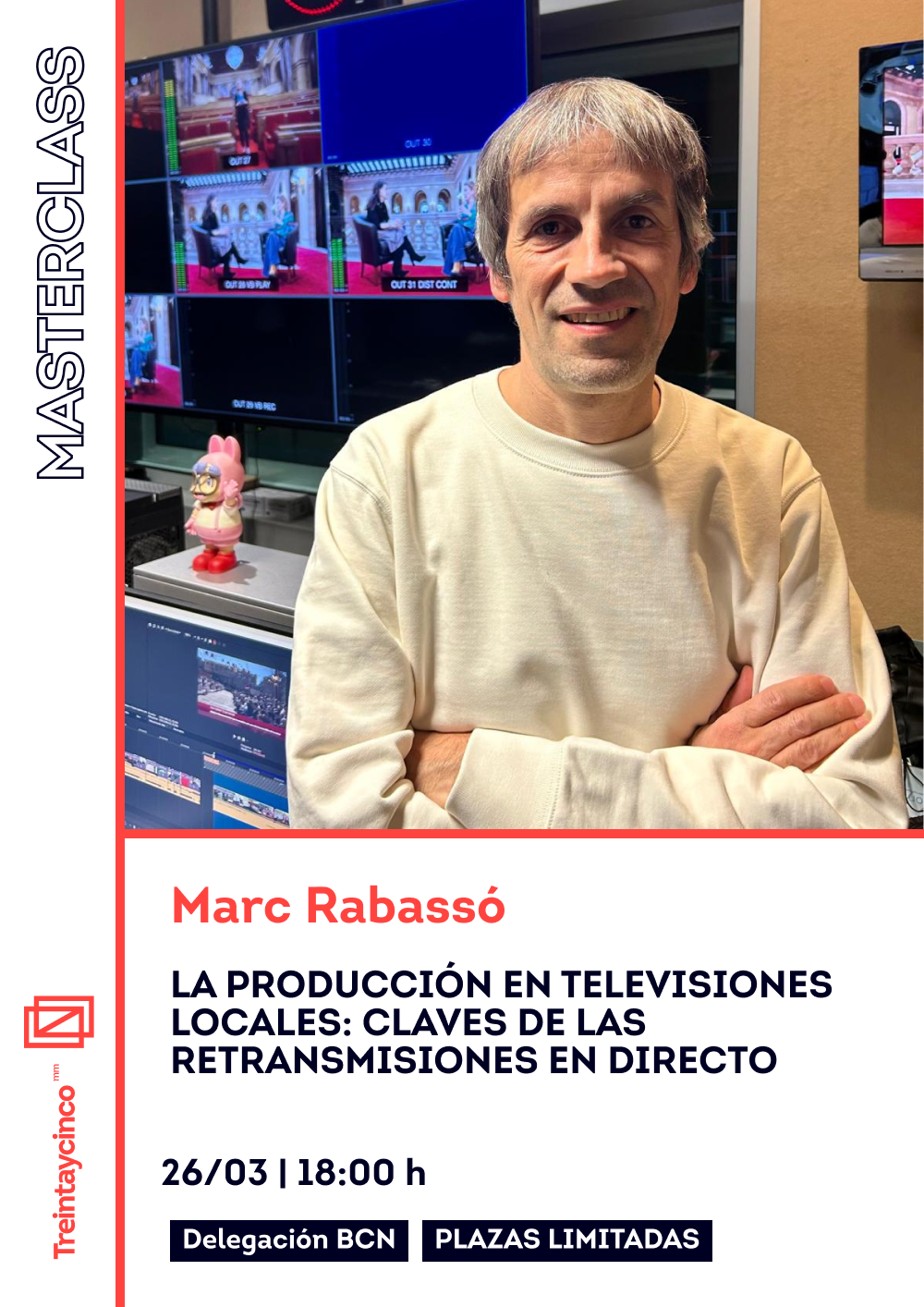 Texto promocional de una masterclass e imagen de hombre que la imparte mirando a cámara