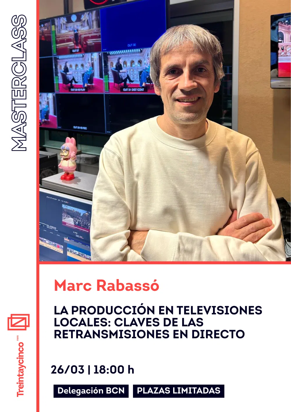 Texto promocional de una masterclass e imagen de hombre que la imparte mirando a cámara