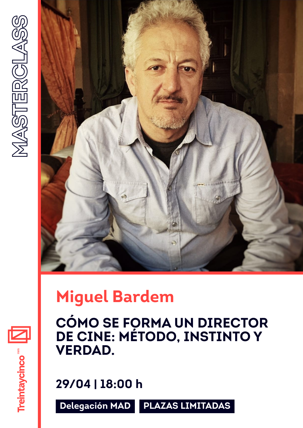 Cartel que promociona una masterclass con foto de Miguel Bardem