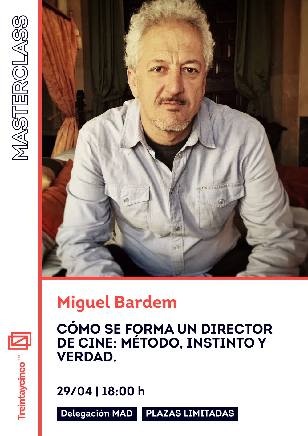 Cartel que promociona una masterclass con foto de Miguel Bardem