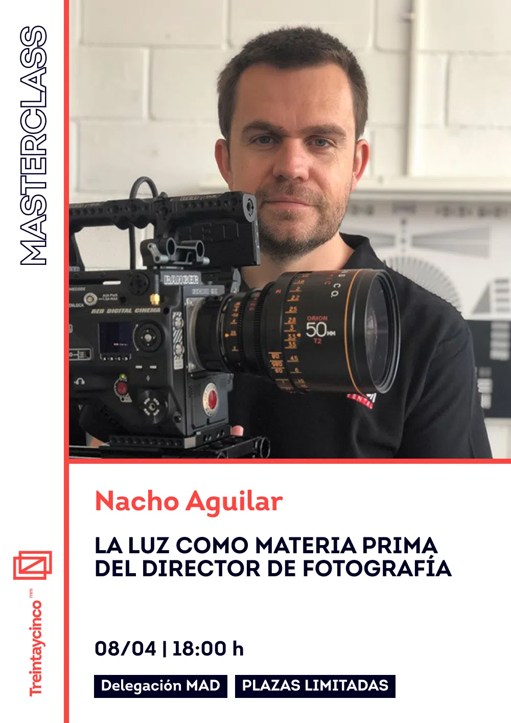 Foto de Nacho Aguilar con una cámara y texto informativo sobre su masterclass