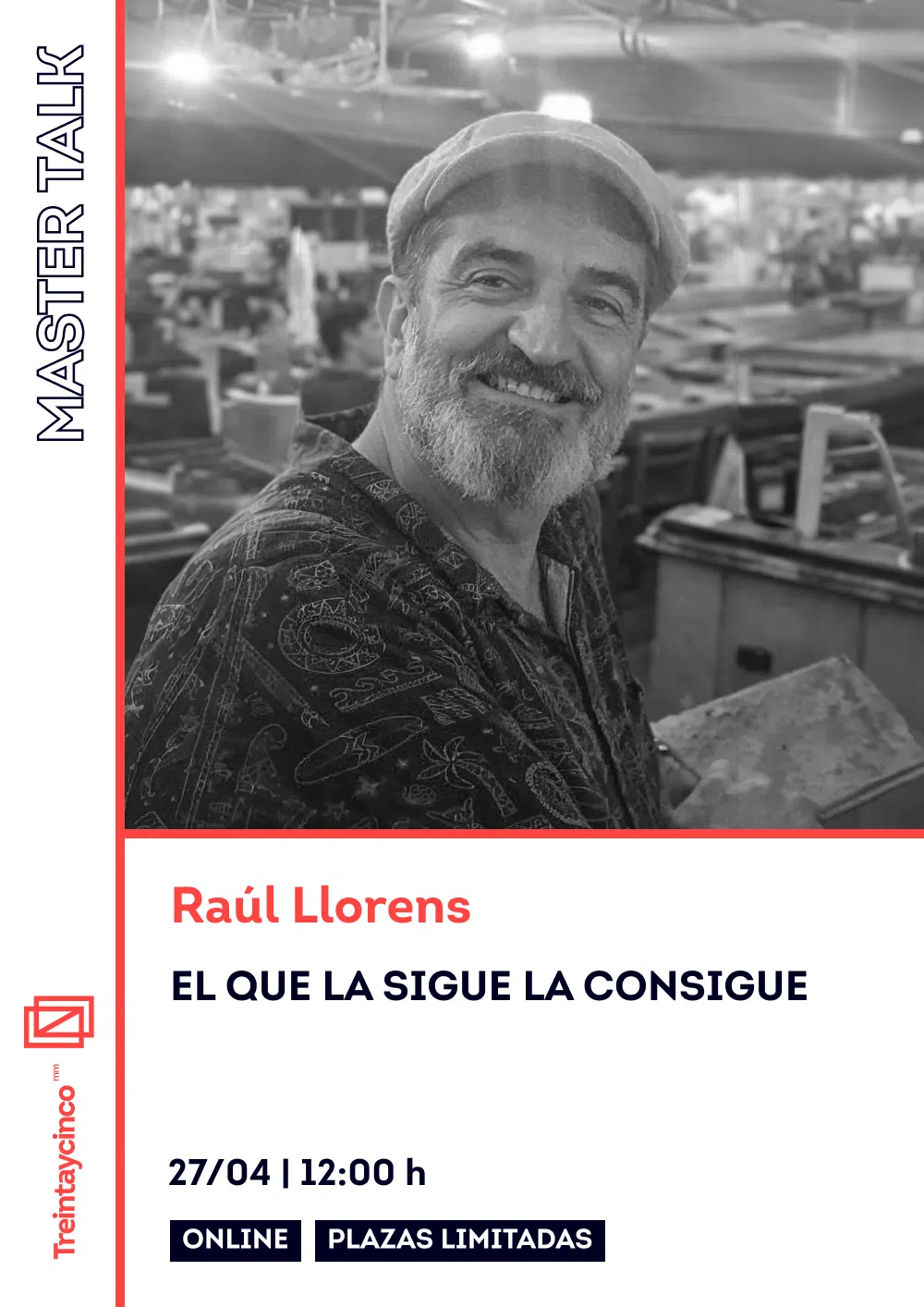 Cartel promocional de una master talk con imagen del profesional que la imparte